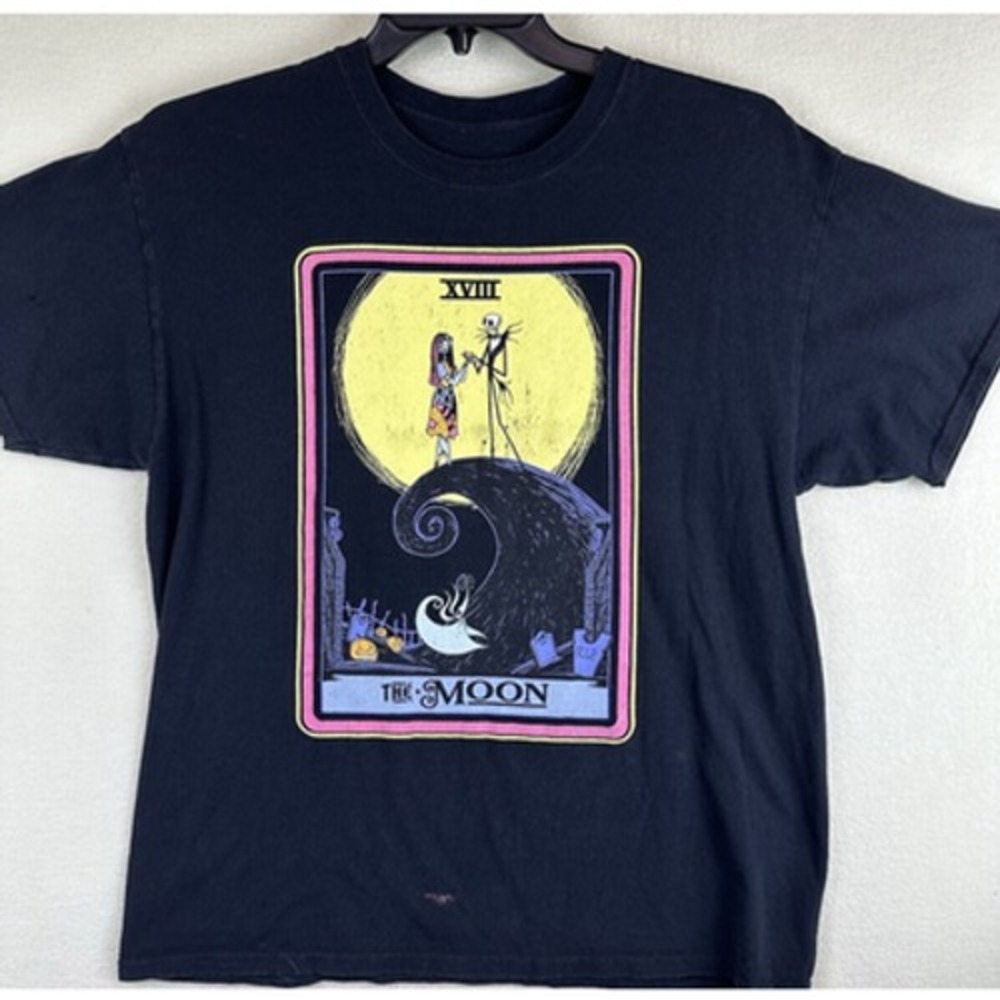 Disney Nightmare Before Christmas Tarot Card The Moon Jack Sally T-Shirt Black L